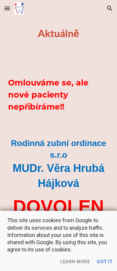 Současný web Rodinná zubní ordinace s.r.o. na mobilu