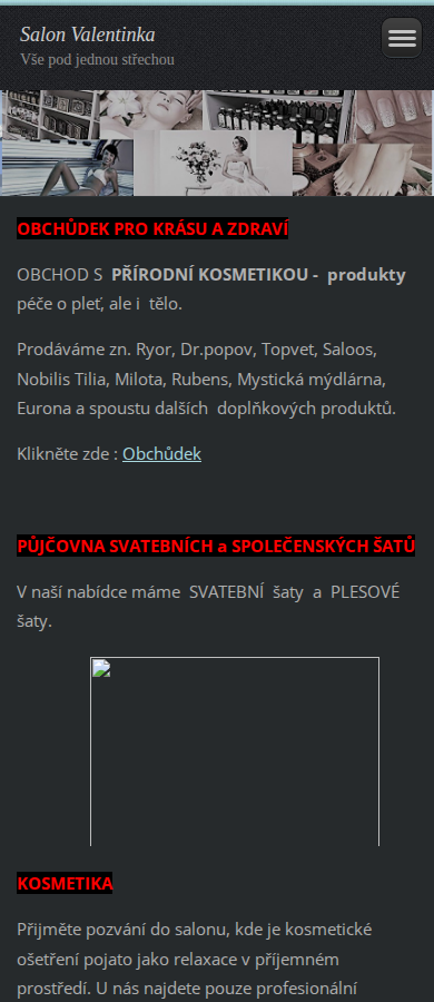 Současný web Salon Valentinka na mobilu