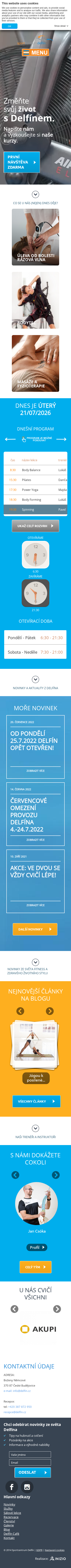 Současný web Sportcentrum Delfín na mobilu