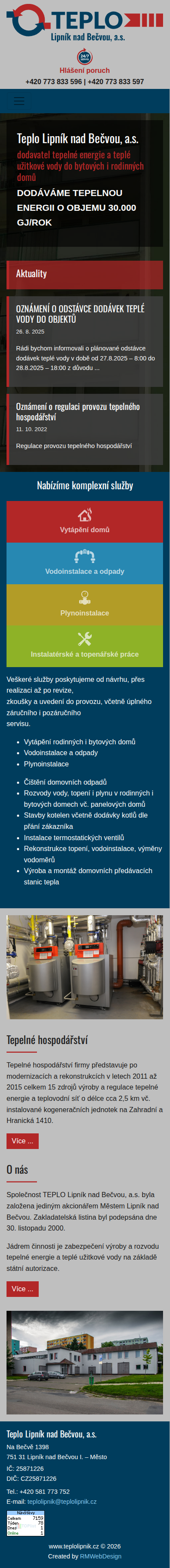 Současný web Teplo Lipník nad Bečvou, a.s. na mobilu