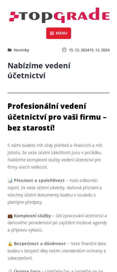 Současný web Top Grade s.r.o. na mobilu