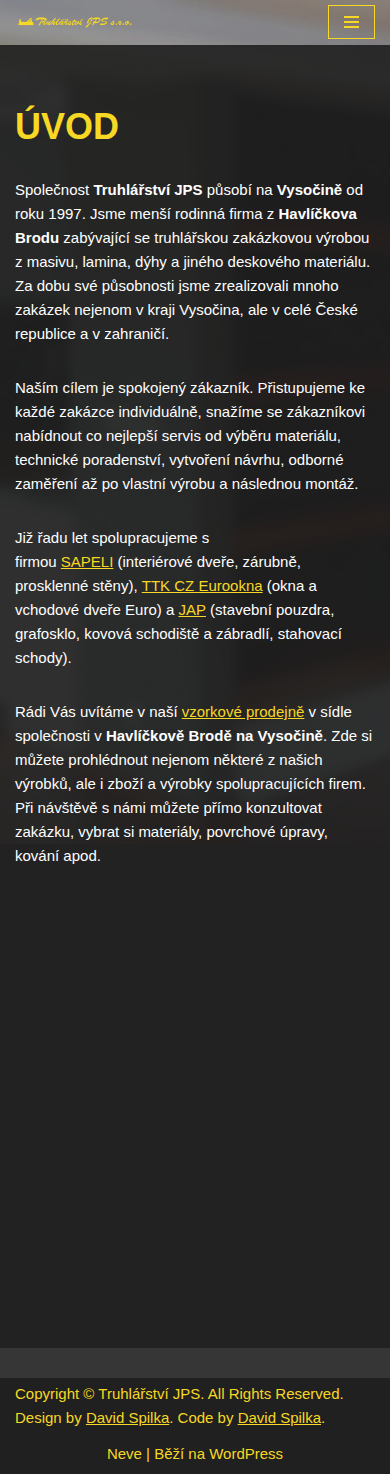Současný web Truhlářství JPS s.r.o. – Havlíčkův Brod na mobilu