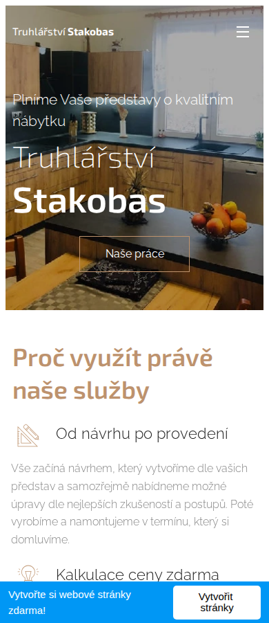 Současný web Truhlářství Stakobas na mobilu