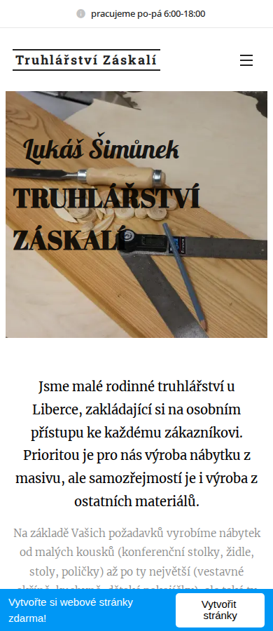 Současný web Truhlářství Zaskalí na mobilu