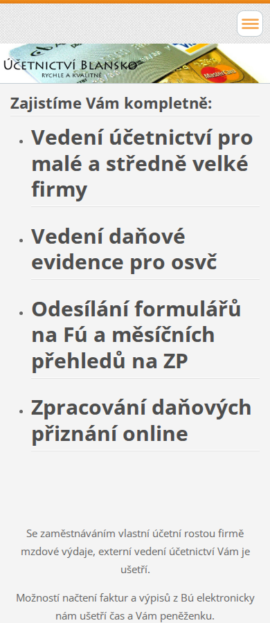 Současný web Účetnictví Blansko na mobilu