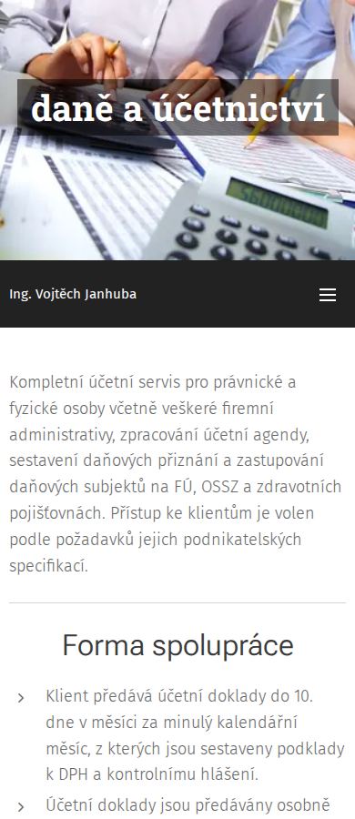 Současný web Účetnictví Janhuba na mobilu