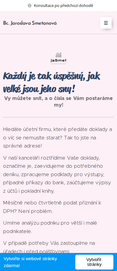 Současný web Účetnictví Smetanová na mobilu