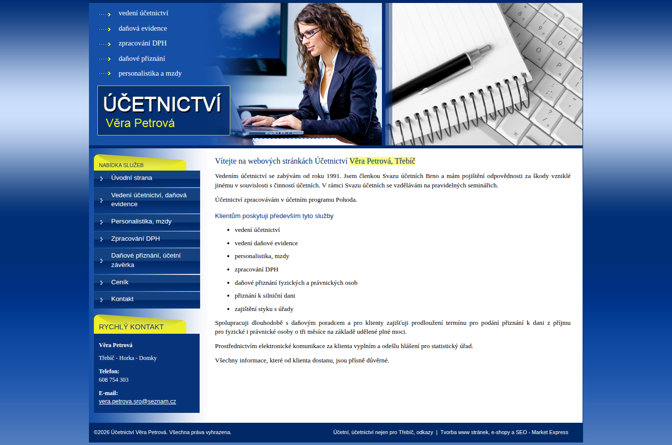 Současný web Účetnictví Věra Petrova na počítači