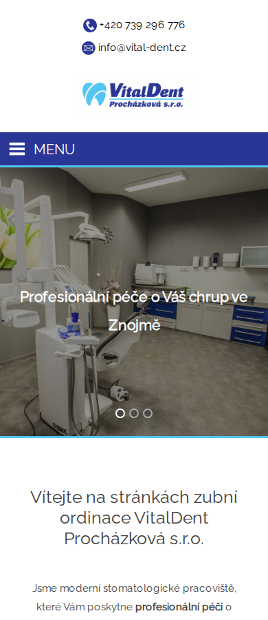 Současný web VitalDent Procházková Znojmo, zubní ordinace, dentální hygiena na mobilu