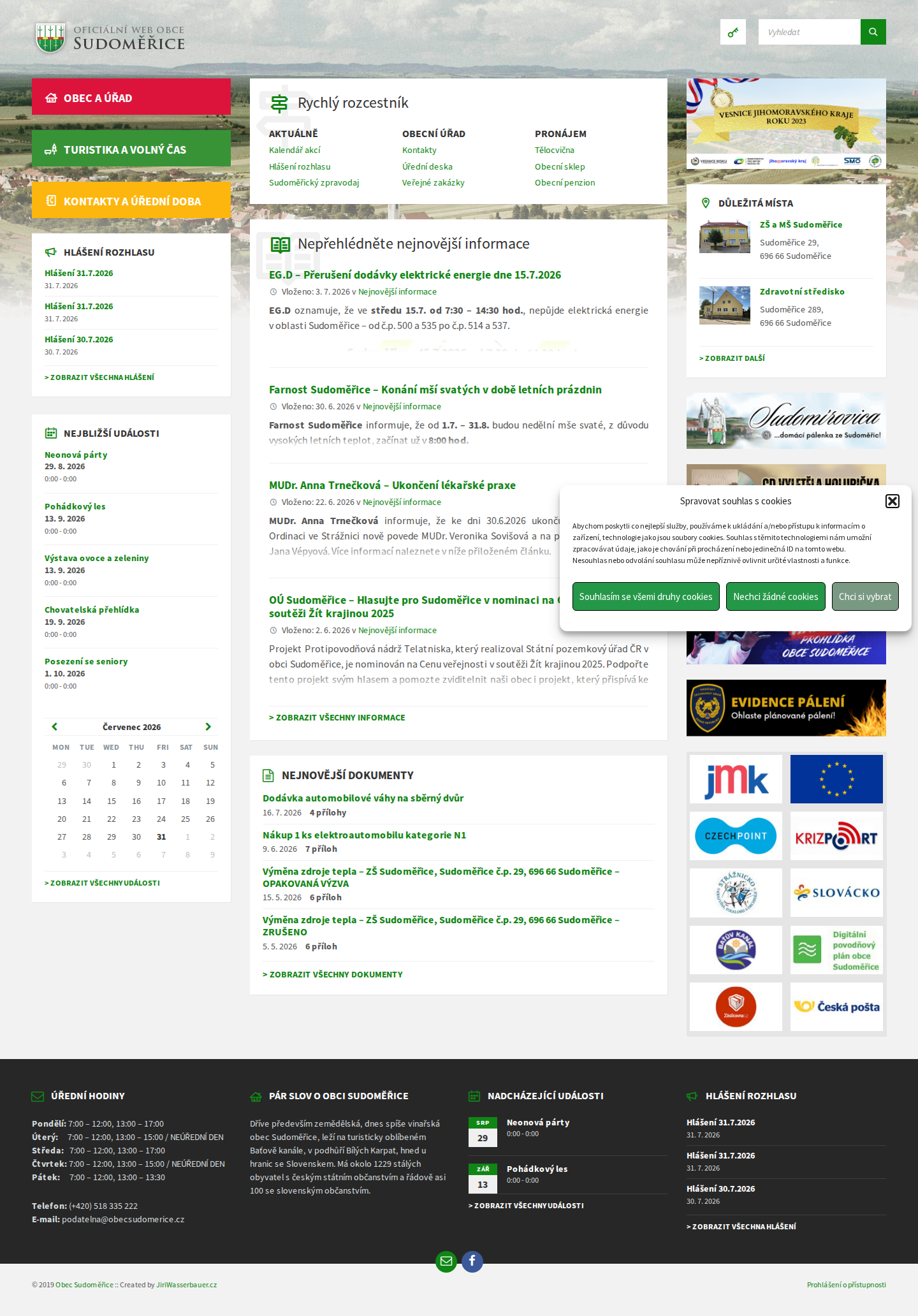 Současný web Vítejte na oficiálním webu obce Sudoměřice! na počítači