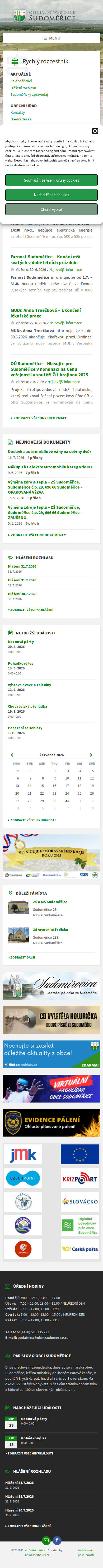 Současný web Vítejte na oficiálním webu obce Sudoměřice! na mobilu