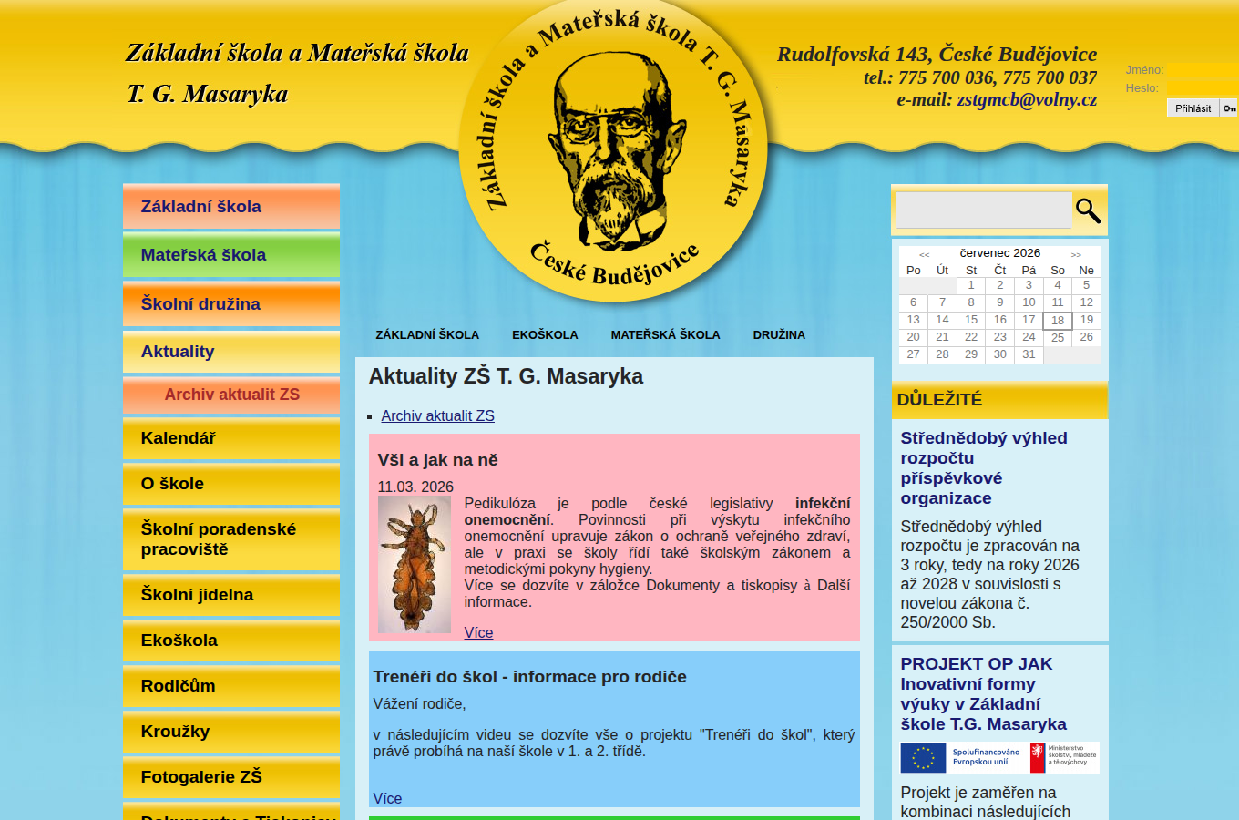 Současný web Základní a mateřská škola T. G. Masaryka, České Budějovice na počítači