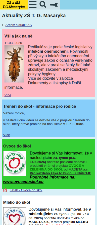 Současný web Základní a mateřská škola T. G. Masaryka, České Budějovice na mobilu