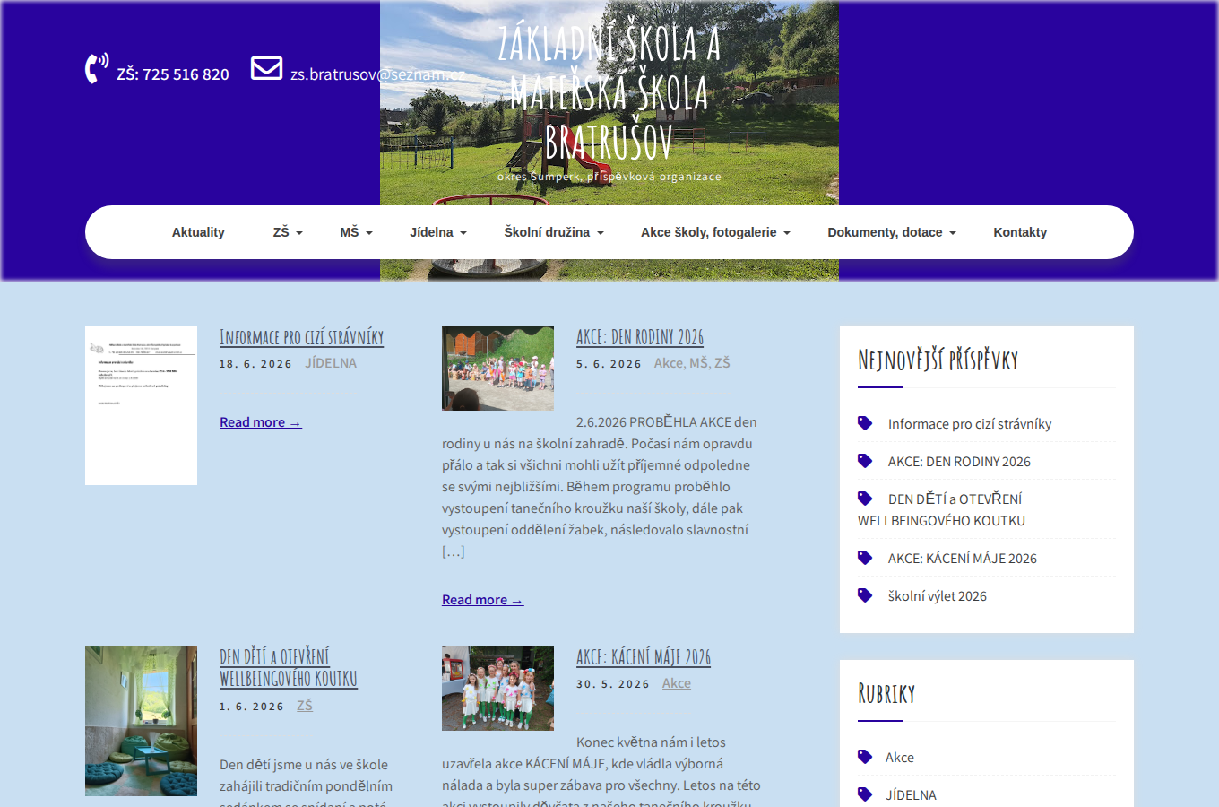 Současný web Základní škola a Mateřská škola Bratrušov na počítači