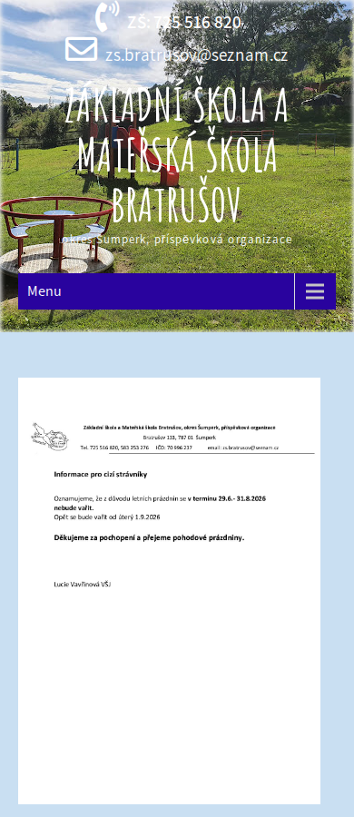 Současný web Základní škola a Mateřská škola Bratrušov na mobilu