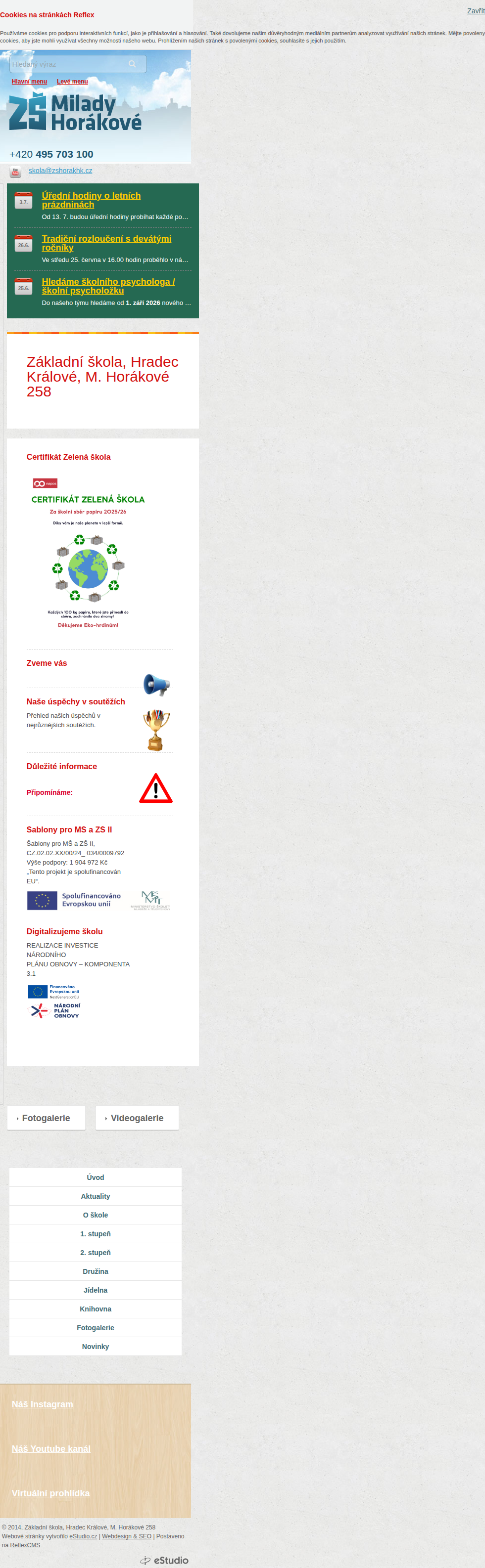 Současný web Základní škola, Hradec Králové, M. Horákové 258 na mobilu