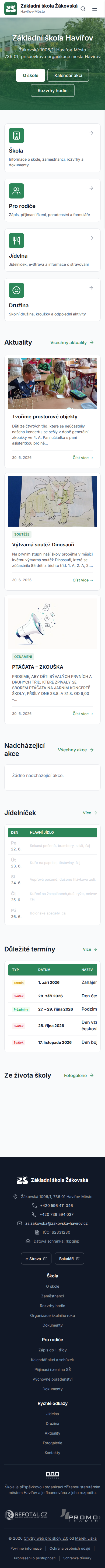 Současný web Základní škola Žákovská Havířov na mobilu