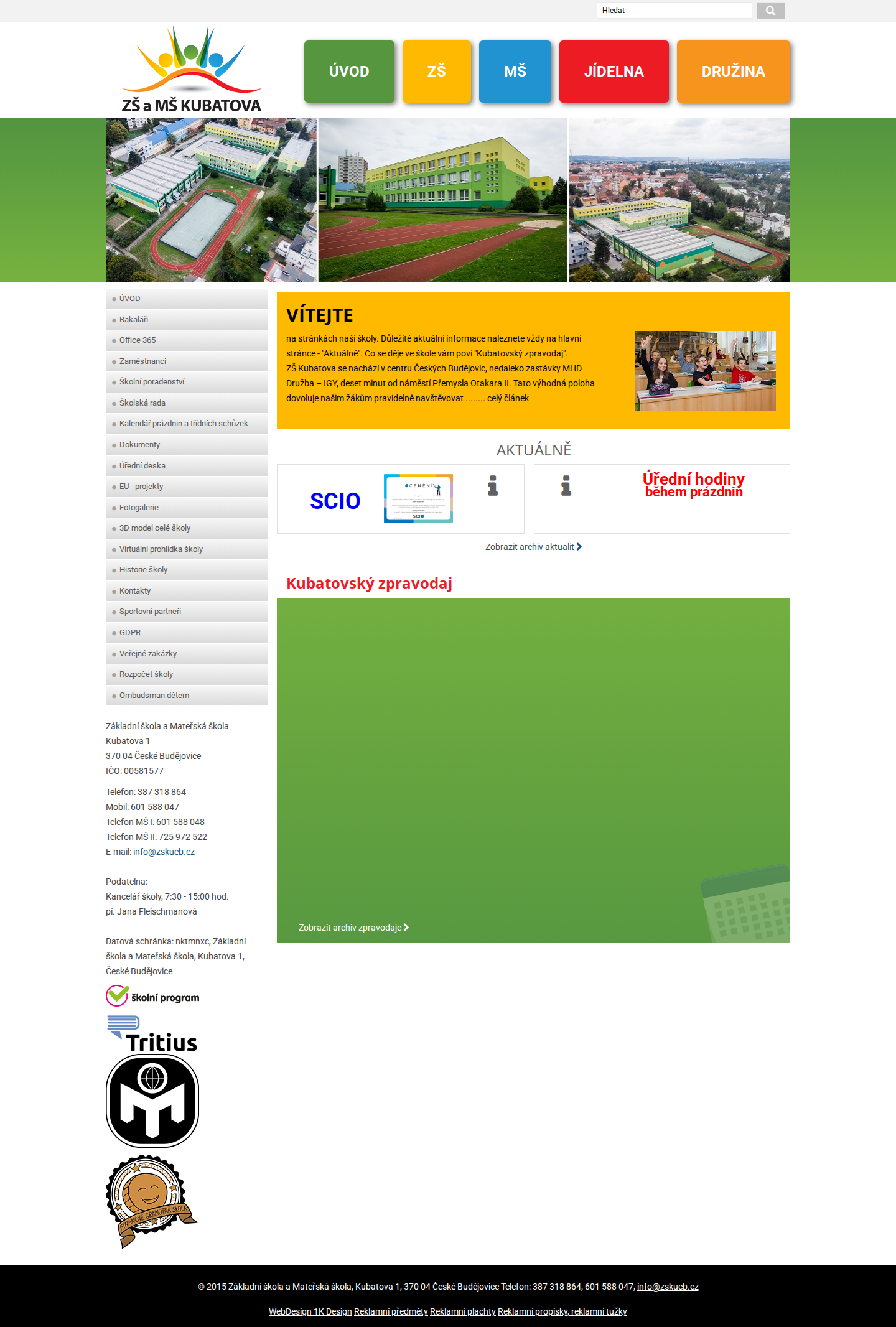 Současný web ZŠ a MŠ Kubatova na počítači