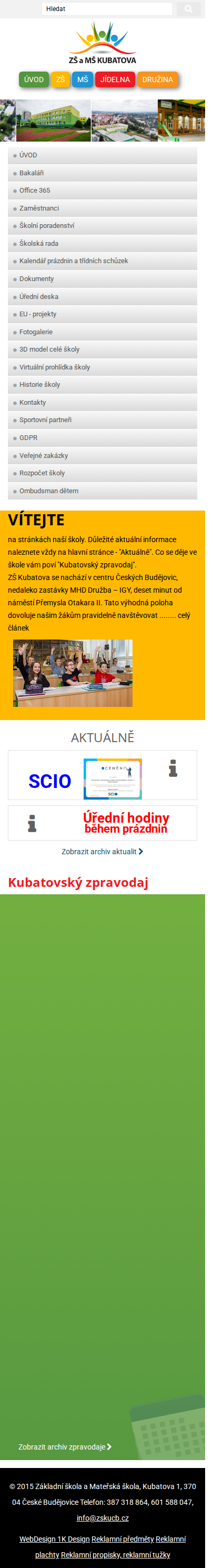 Současný web ZŠ a MŠ Kubatova na mobilu