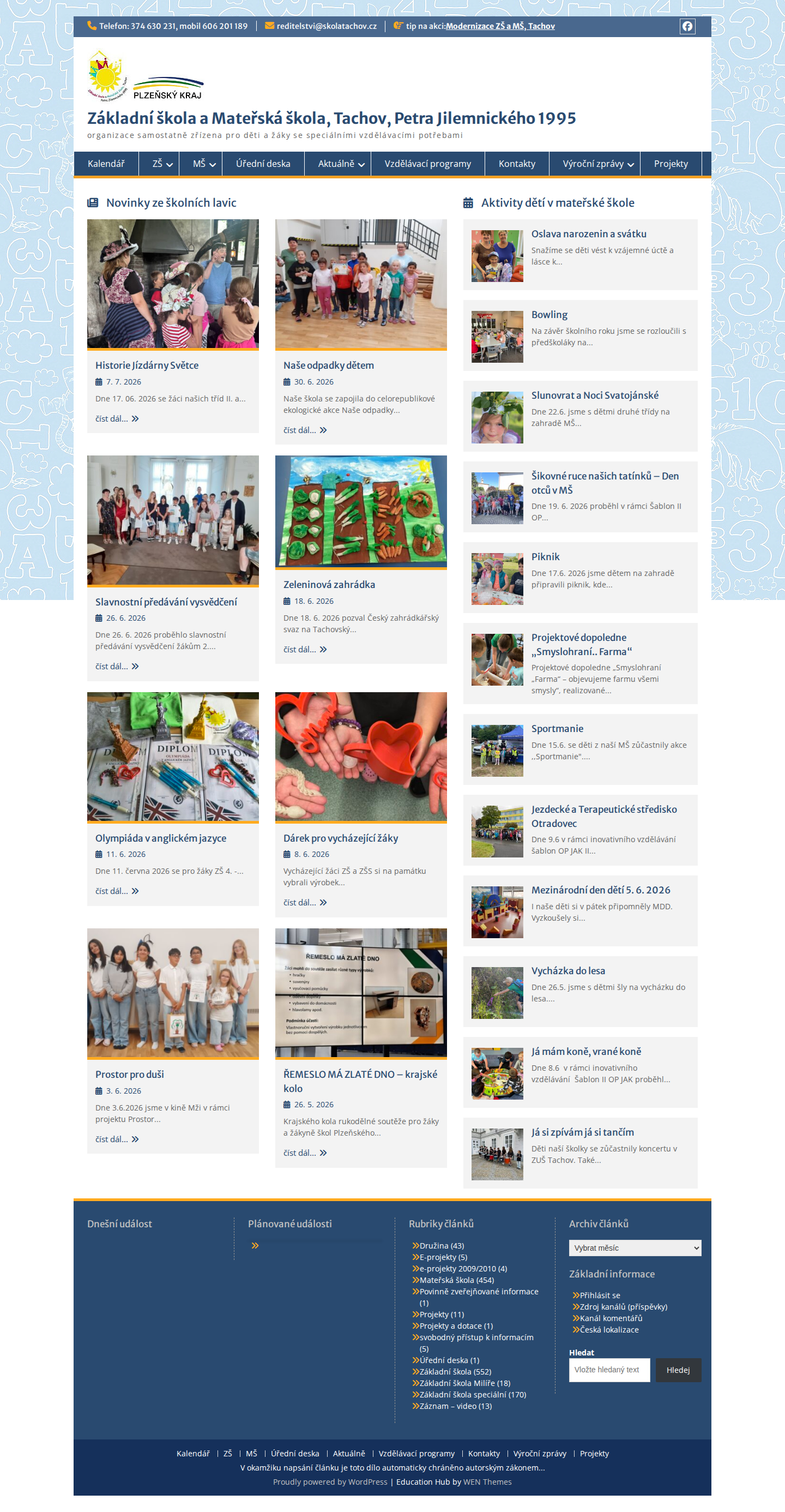 Současný web ZŠ a MŠ Tachov, Petra Jilemnického na počítači