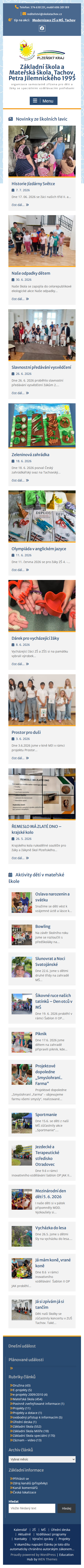 Současný web ZŠ a MŠ Tachov, Petra Jilemnického na mobilu