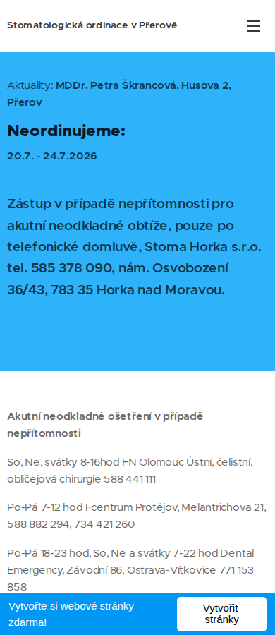 Současný web Zubní ordinace Škrancová Přerov na mobilu